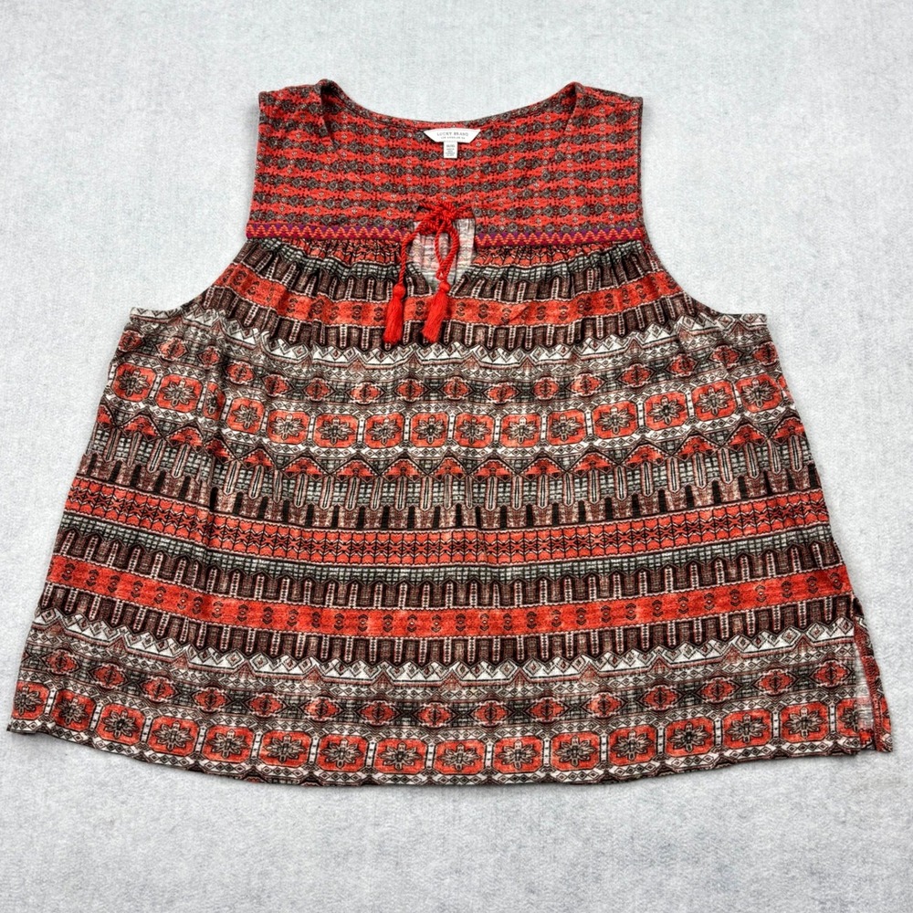 Lucky Brand Womens Plus 1X Terracotta Red Geometric Border Print Tank Top Tassel